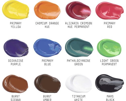 Färgfält med färgerna gul, orange, röd, lila, blå, grön, brun, vit och svart