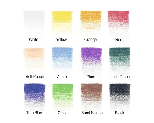 Färgkarta med olika färgnyanser, inklusive vit, gul, orange, röd, persika, azurblå, plommon, grön, blå, gräs, sienna och svart