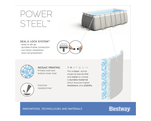 Bestway Power Steel Pool: Information om tätning, låssystem, mosaiktryck och Tritech-material