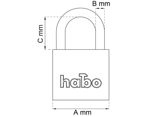 Bild av ett hänglås med mått och Habo logotyp