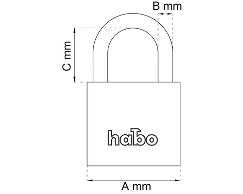 Teknisk ritning av ett hänglås med mått och Habo logotyp