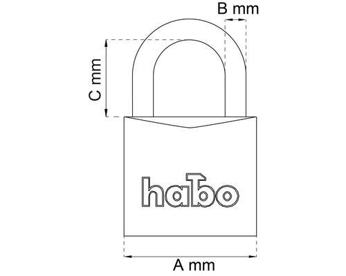 Bild av ett hänglås med dimensioner och Habo-logotyp