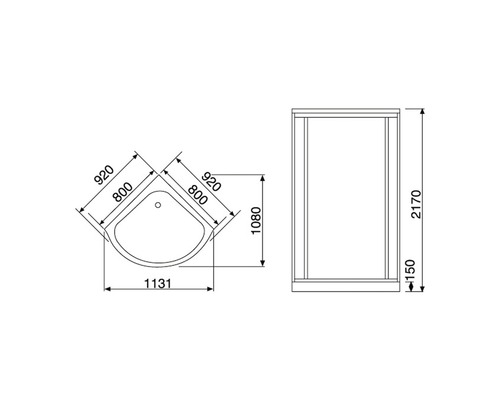 Teknisk ritning av en duschkabin med mått