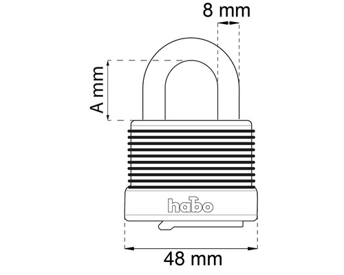 Teknisk ritning av ett hänglås med måttangivelser