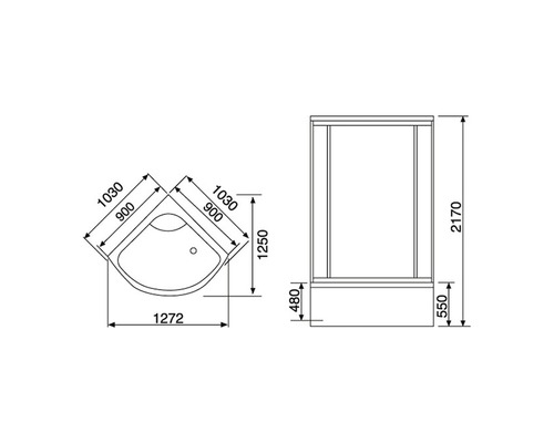 Teknisk ritning av en hörndusch med mått