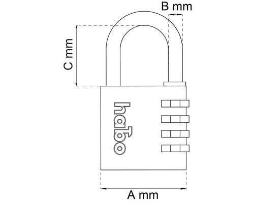 Illustration av ett kombinationslås med måtten A mm, B mm och C mm. Habo logotyp.