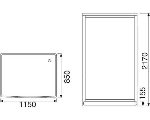 Teknisk ritning av en dusch med måttangivelser