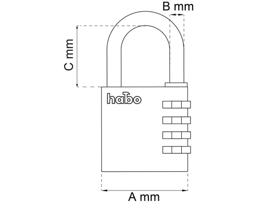 Bild på ett kombinationslås med dimensioner och Habo-logotyp.