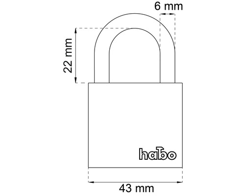 Teknisk ritning av ett hänglås med dimensioner och Habo-logotyp