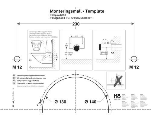 Monteringsmall för Ifö Spira och Ifö Sign toaletter med måttangivelser