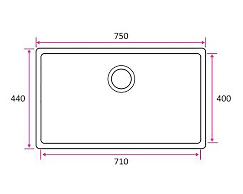 Teknisk ritning av en diskho med måtten 750, 440, 710 och 400 millimeter.