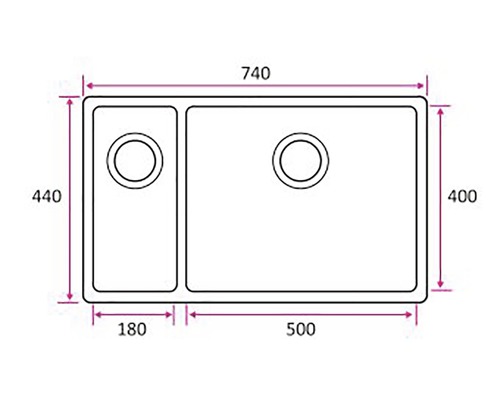 Teknisk ritning av en diskho med måtten 740 x 440 millimeter.