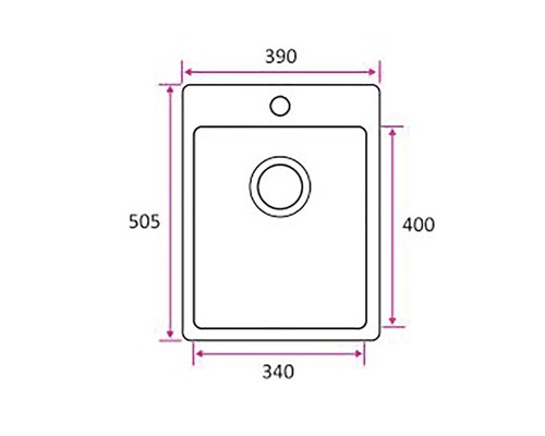 Ritning av en diskho med måtten 390 x 505 x 340 x 400 mm