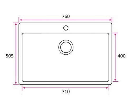 Teknisk ritning av ett rektangulärt tvättställ med måtten 760 x 400 x 505 x 710 millimeter