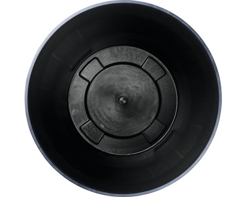 Inre vy av en svart blomkruka med en diameter på 20,5 tum.