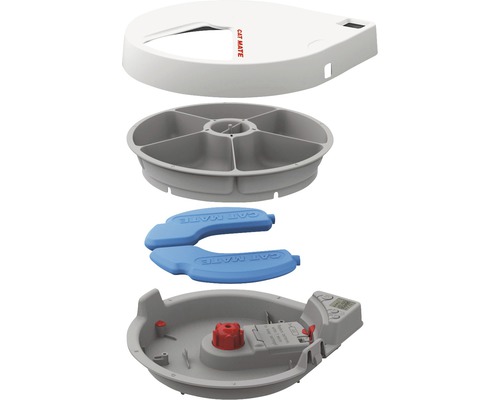 Sprängskiss av en Cat Mate foderautomat för katter med kylklampar, timer och sex foderfack