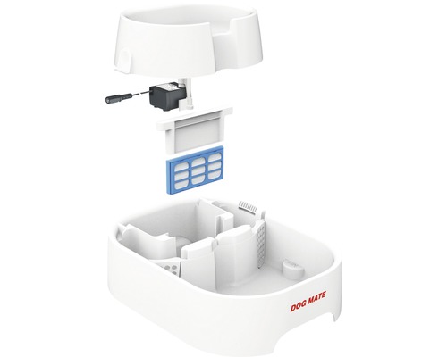 Sprängskiss av en dricksfontän för hundar med pump och filter från Dog Mate