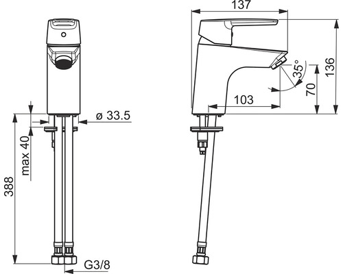 Teknisk ritning av en armatur med mått.