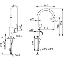 Teknisk ritning av en köksblandare med mått.