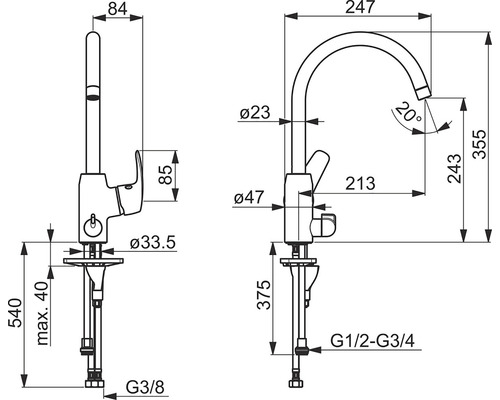 Teknisk ritning av en köksblandare med mått.