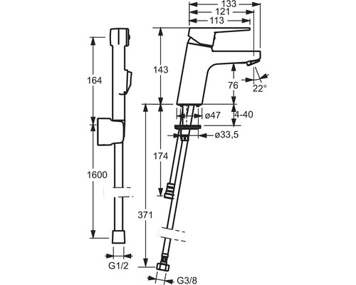 Teknisk ritning av en vattenkran med måttangivelser