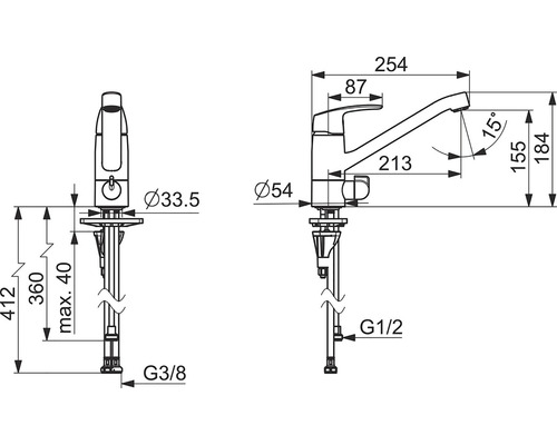 Teknisk ritning av en armatur med måttangivelser