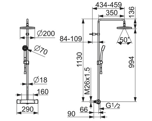 Teknisk ritning av en duschpelare med måttangivelser