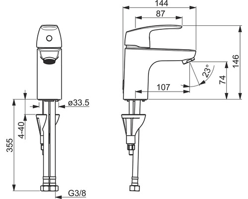 Teknisk ritning av en armatur med mått