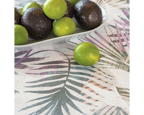 Avokado och lime på en tallrik på en duk med bladmönster.