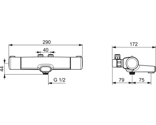 Teknisk ritning av en utanpåliggande termostat med mått