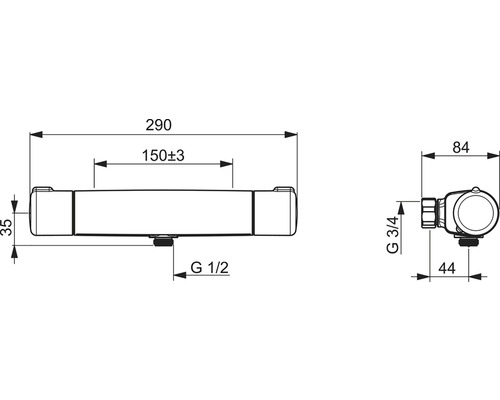 Måttritning av en armatur med storleksinformation i millimeter.