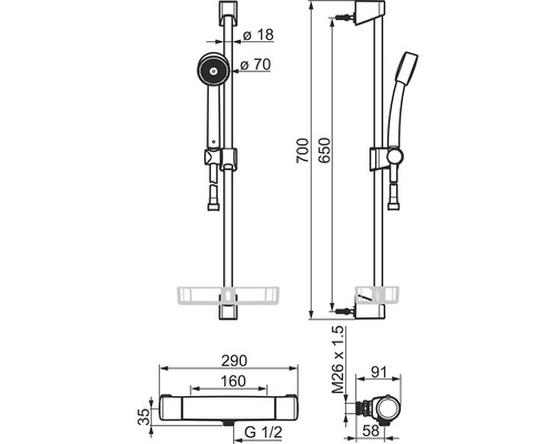 Teknisk ritning av en duschstång med måttangivelser.