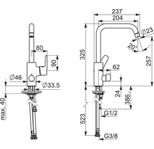 Teknisk ritning av en köksblandare med måttangivelser