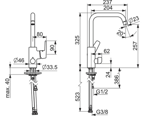 Teknisk ritning av en köksblandare med måttangivelser