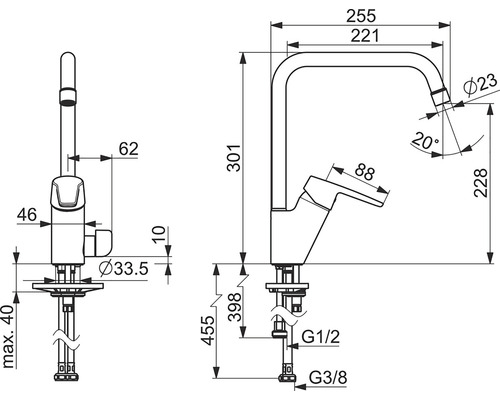 Teknisk ritning av en köksblandare med mått