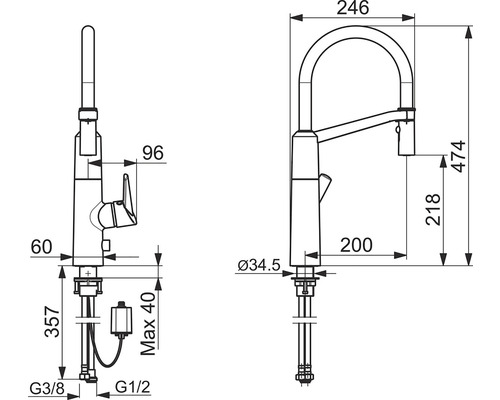 Teknisk ritning av en köksblandare med mått.