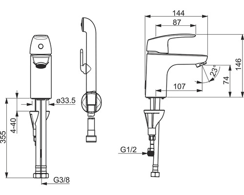 Teknisk ritning av en armatur med mått