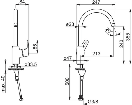 Teknisk ritning av en köksblandare med mått