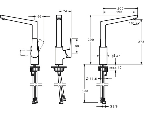 Teknisk ritning av en köksblandare med mått