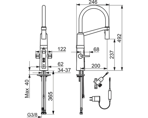 Teknisk ritning av en köksblandare med måttangivelser