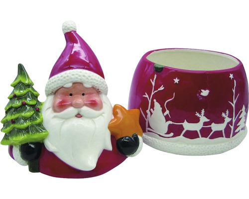 Dekorativ keramikset bestående av en jultomtefigur med träd och stjärna samt en matchande ytterkruka med vintermotiv