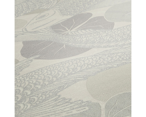 Närbild av en tapet med fisk- och bladmönster