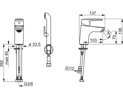 Teknisk ritning av en armatur med mått