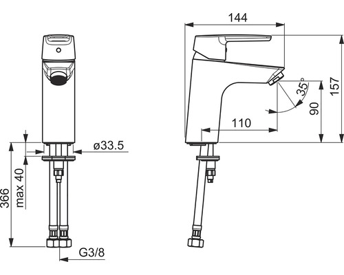 Teknisk ritning av en armatur med måttangivelser