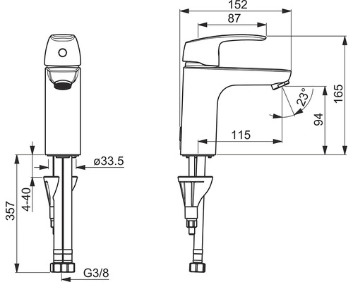 Teknisk ritning av en armatur med måttangivelser