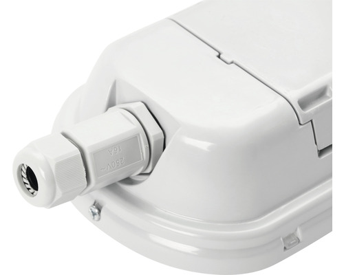 Detaljbild av en vit fuktbeständig lampanslutning