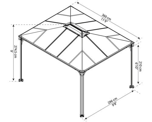 Teknisk ritning av ett lusthus med höjd- och breddmått