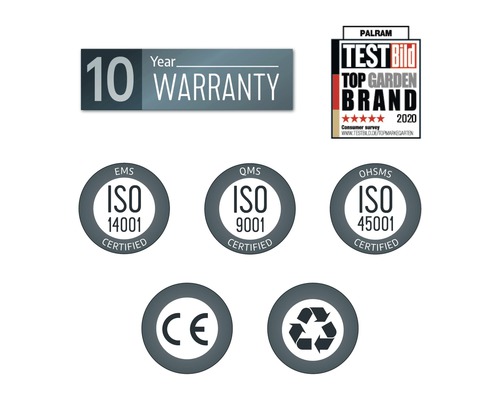 Tio års garanti, Palram Test Bild Toppmärke för trädgård 2020, ISO 14001-certifierat miljöledningssystem, ISO 9001-certifierat kvalitetsledningssystem, ISO 45001-certifierat ledningssystem för arbetsmiljö, CE-märkning, Återvinningssymbol