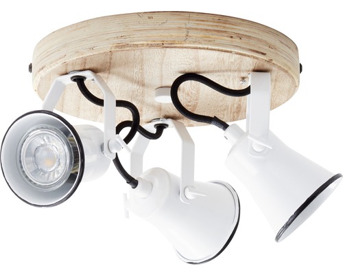 Taklampa med tre spotlights och träelement