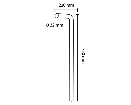Avloppsrör med en diameter på 32 millimeter och en längd på 750 millimeter samt en bredd på 220 millimeter